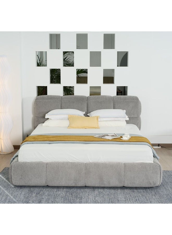 Ian 180X200 King Bed w/Headboard storage Beds | Modern Design Wooden Double Bed Frame Furniture | Comfortable Bed (Mattress Not Included) L246xW206xH103cm-Light Grey - Image 1