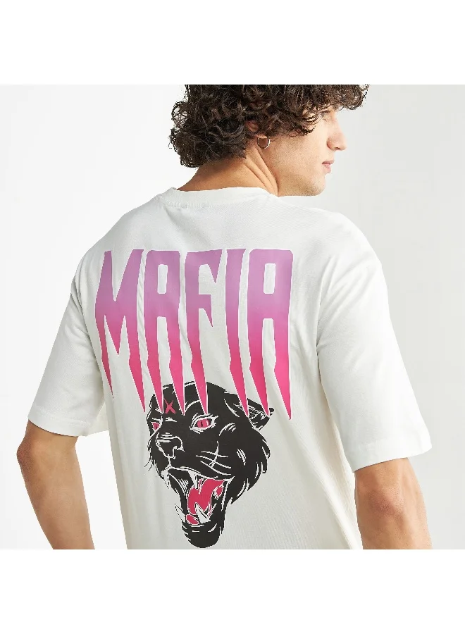 Splash FAV Graphic Print Oversized T-shirt with Short Sleeves and Crew Neck