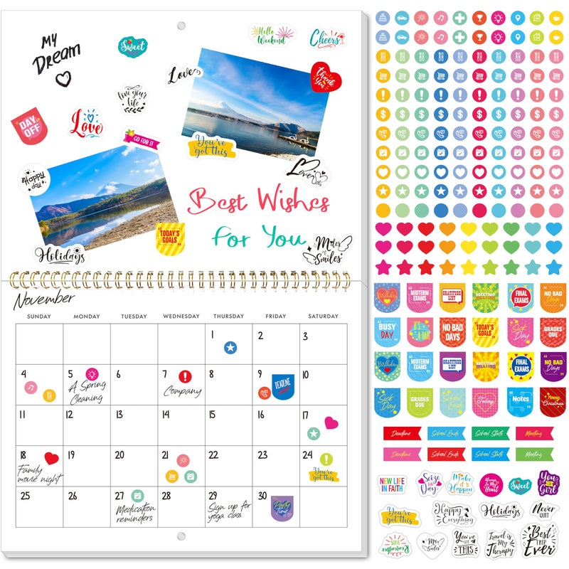 Vantasii Blank Scrapbook Wall Calendar, Spiral-Bound Hanging Monthly Calendar, DIY Blank Calender with 400 Stickers for Office, Home, Kids, Adults (12â€ x 9â€ closedï¼Œ18â€ x 12â€ open size) - Image 1