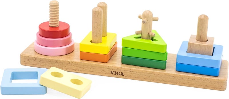 VIGA Wooden Geometric Maze Stacker - Montessori Shape Sorting and Stacking Toy for Toddlers - Image 3