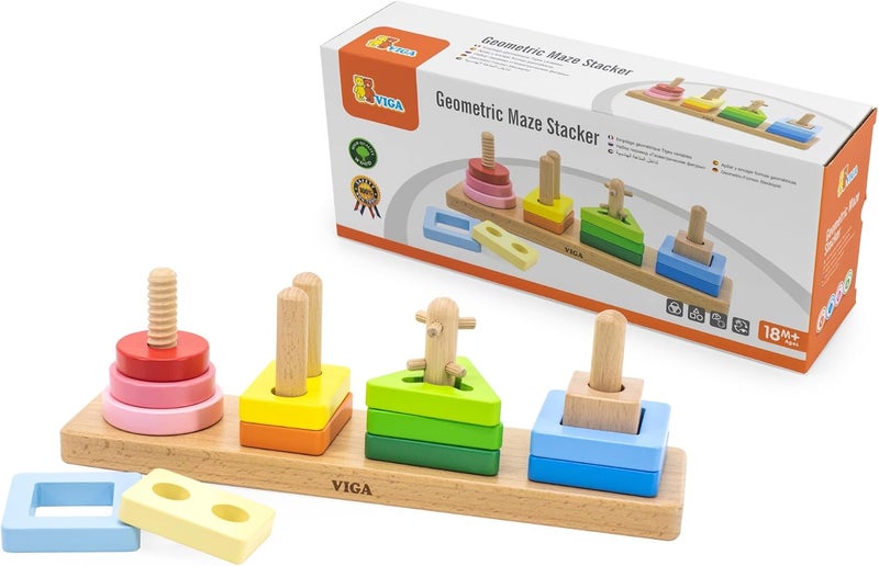 VIGA Wooden Geometric Maze Stacker - Montessori Shape Sorting and Stacking Toy for Toddlers - Image 1