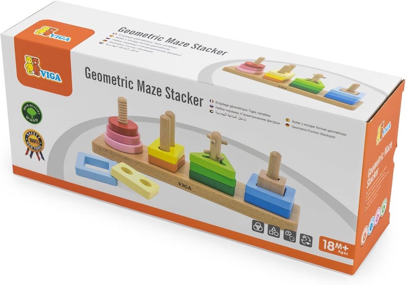 VIGA Wooden Geometric Maze Stacker - Montessori Shape Sorting and Stacking Toy for Toddlers - Image 4