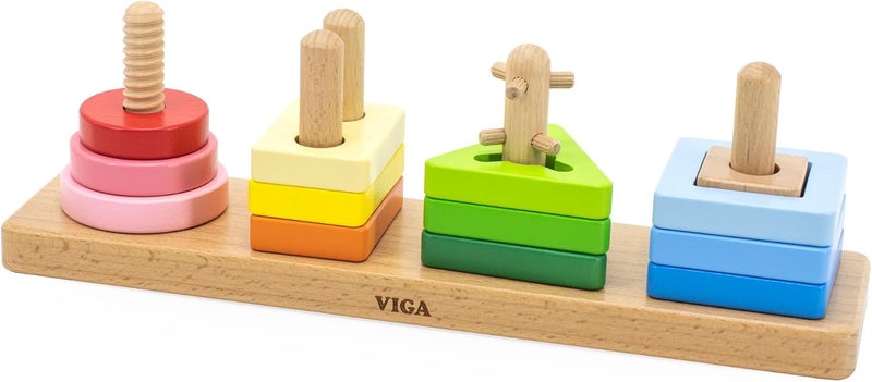 VIGA Wooden Geometric Maze Stacker - Montessori Shape Sorting and Stacking Toy for Toddlers - Image 2