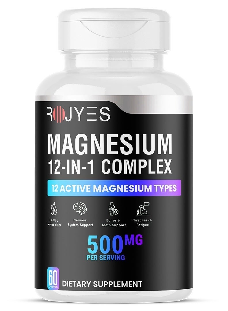 ROJYES Magnesium 12-in-1 Complex Supplement, Magnesium Supplement for Sleep, Stress Relief, Muscle Recovery and Energy Metabolism, Nervous System and Bone Support, 60 Capsules - Image 1