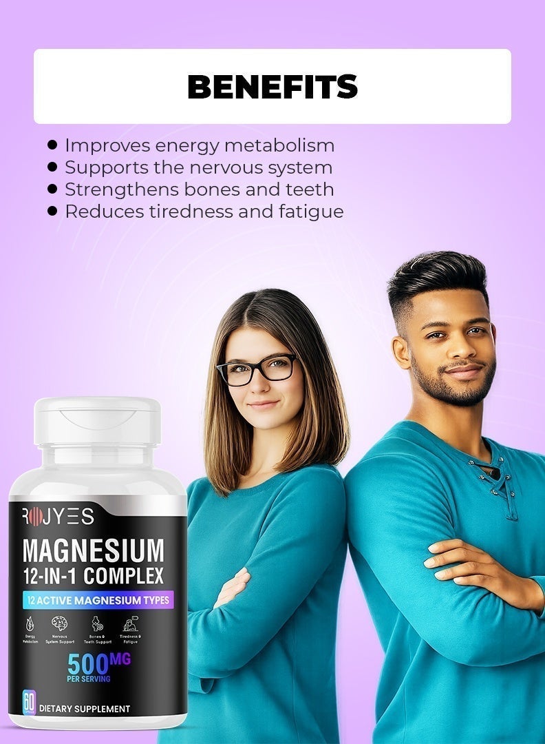 ROJYES Magnesium 12-in-1 Complex Supplement, Magnesium Supplement for Sleep, Stress Relief, Muscle Recovery and Energy Metabolism, Nervous System and Bone Support, 60 Capsules - Image 4