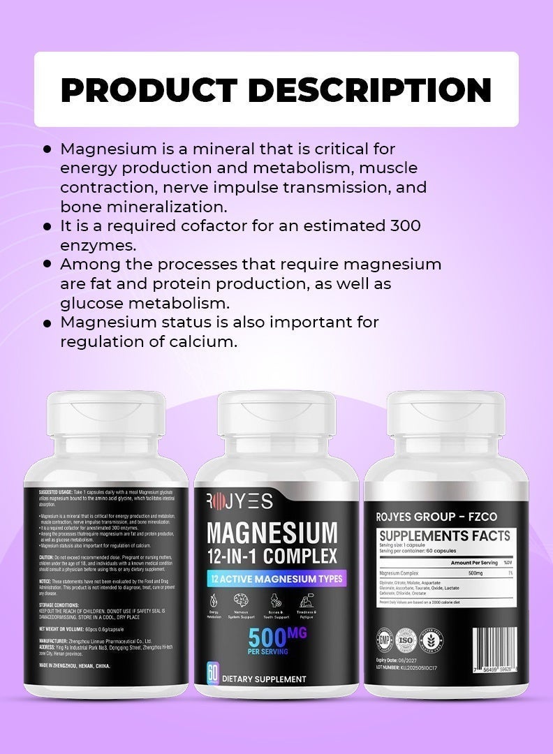 ROJYES Magnesium 12-in-1 Complex Supplement, Magnesium Supplement for Sleep, Stress Relief, Muscle Recovery and Energy Metabolism, Nervous System and Bone Support, 60 Capsules - Image 5