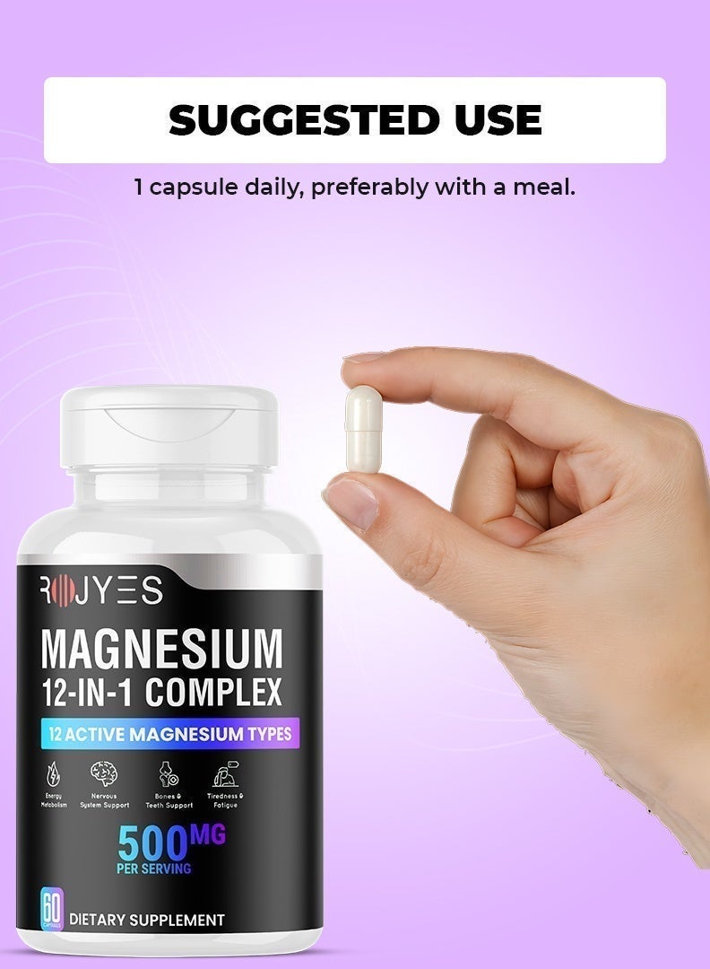 ROJYES Magnesium 12-in-1 Complex Supplement, Magnesium Supplement for Sleep, Stress Relief, Muscle Recovery and Energy Metabolism, Nervous System and Bone Support, 60 Capsules - Image 3