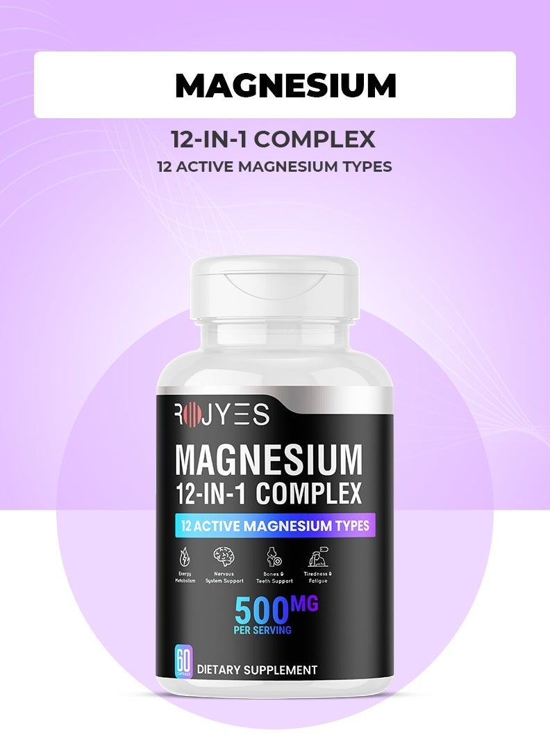 ROJYES Magnesium 12-in-1 Complex Supplement, Magnesium Supplement for Sleep, Stress Relief, Muscle Recovery and Energy Metabolism, Nervous System and Bone Support, 60 Capsules - Image 2