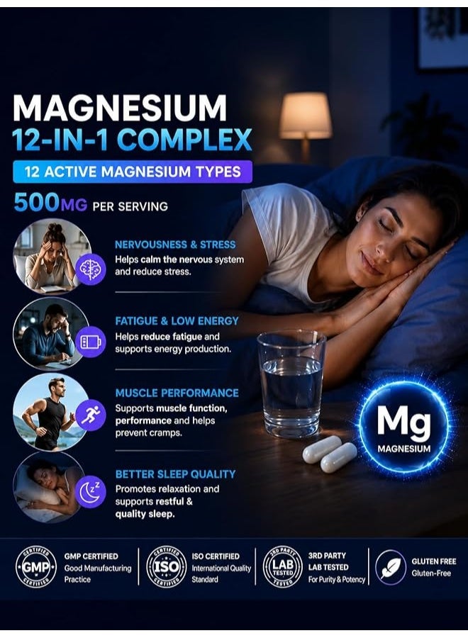 ROJYES Magnesium 12-in-1 Complex Supplement, Magnesium Supplement for Sleep, Stress Relief, Muscle Recovery and Energy Metabolism, Nervous System and Bone Support, 60 Capsules - Image 3