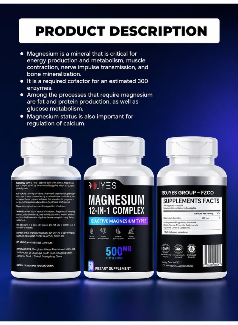 ROJYES Magnesium 12-in-1 Complex Supplement, Magnesium Supplement for Sleep, Stress Relief, Muscle Recovery and Energy Metabolism, Nervous System and Bone Support, 60 Capsules - Image 4
