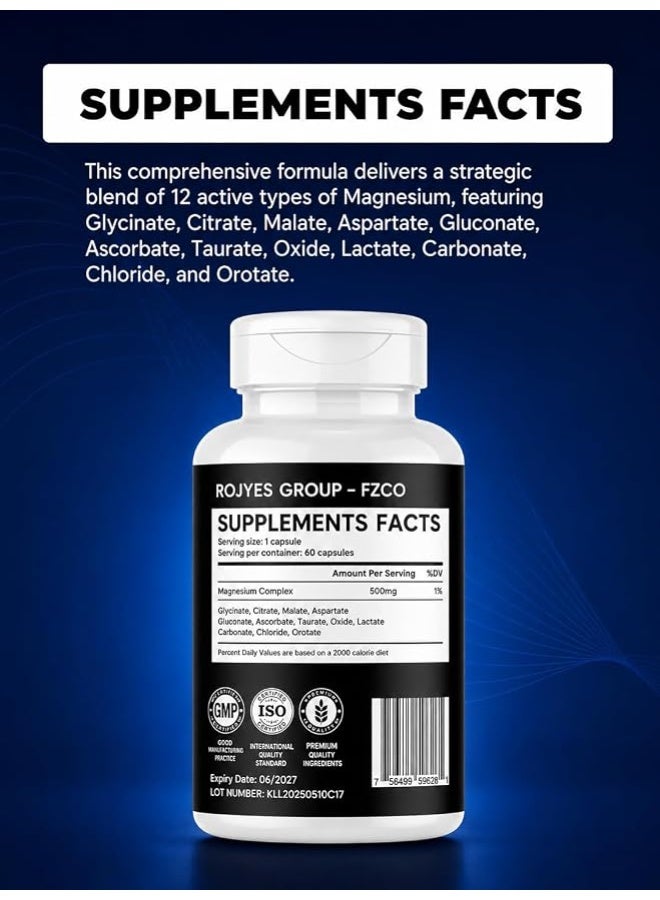 ROJYES Magnesium 12-in-1 Complex Supplement, Magnesium Supplement for Sleep, Stress Relief, Muscle Recovery and Energy Metabolism, Nervous System and Bone Support, 60 Capsules - Image 5