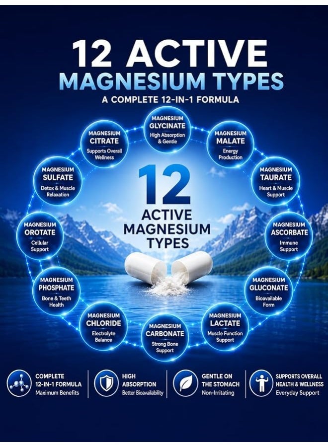 ROJYES Magnesium 12-in-1 Complex Supplement, Magnesium Supplement for Sleep, Stress Relief, Muscle Recovery and Energy Metabolism, Nervous System and Bone Support, 60 Capsules - Image 2