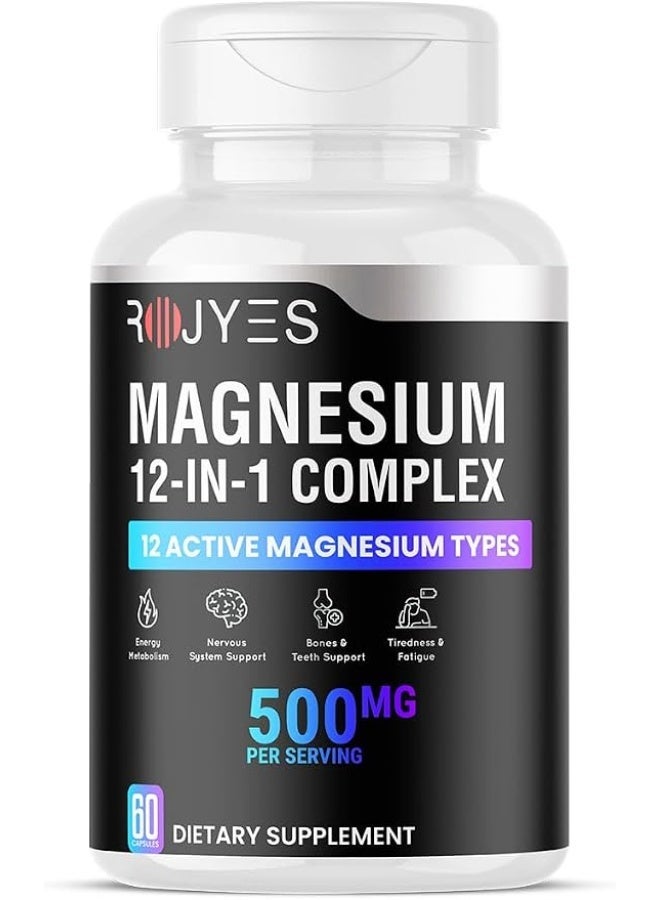 ROJYES Magnesium 12-in-1 Complex Supplement, Magnesium Supplement for Sleep, Stress Relief, Muscle Recovery and Energy Metabolism, Nervous System and Bone Support, 60 Capsules - Image 1