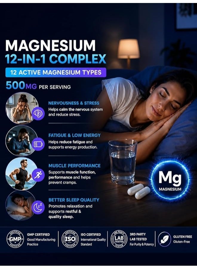 ROJYES Magnesium 12-in-1 Complex Supplement, Magnesium Supplement for Sleep, Stress Relief, Muscle Recovery and Energy Metabolism, Nervous System and Bone Support, 60 Capsules - Image 3
