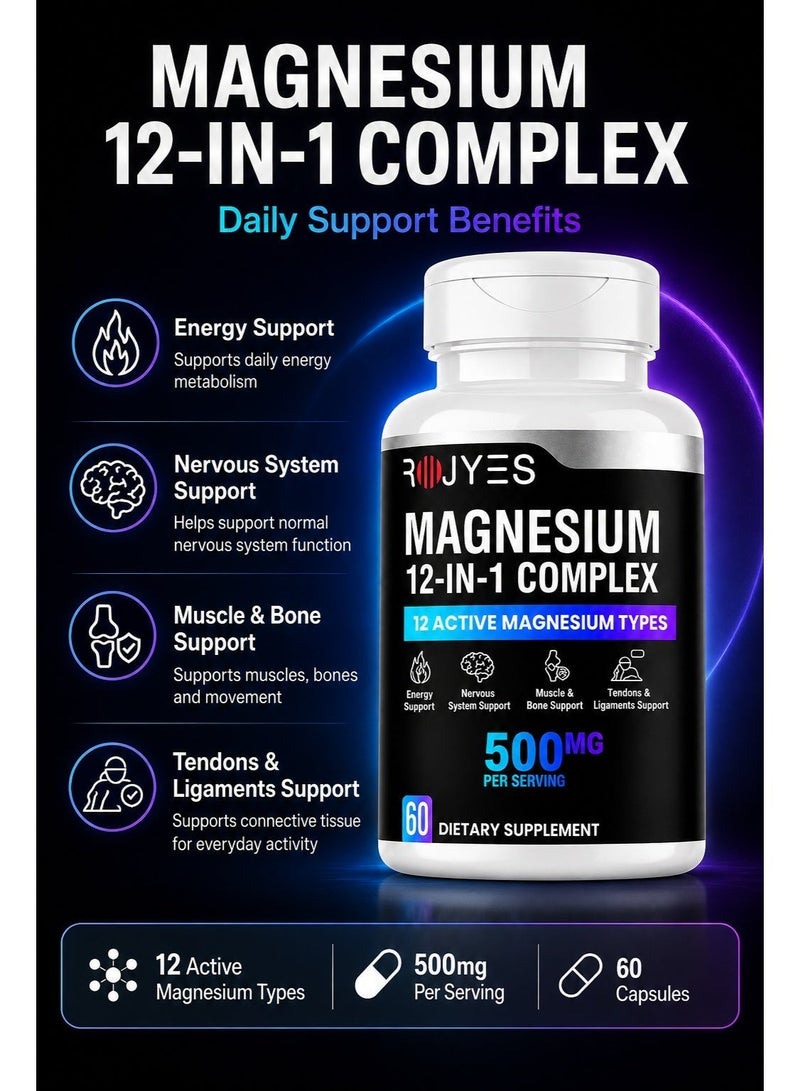 ROJYES Magnesium 12-in-1 Complex Supplement, Magnesium Supplement for Sleep, Stress Relief, Muscle Recovery and Energy Metabolism, Nervous System and Bone Support, 60 Capsules - Image 5