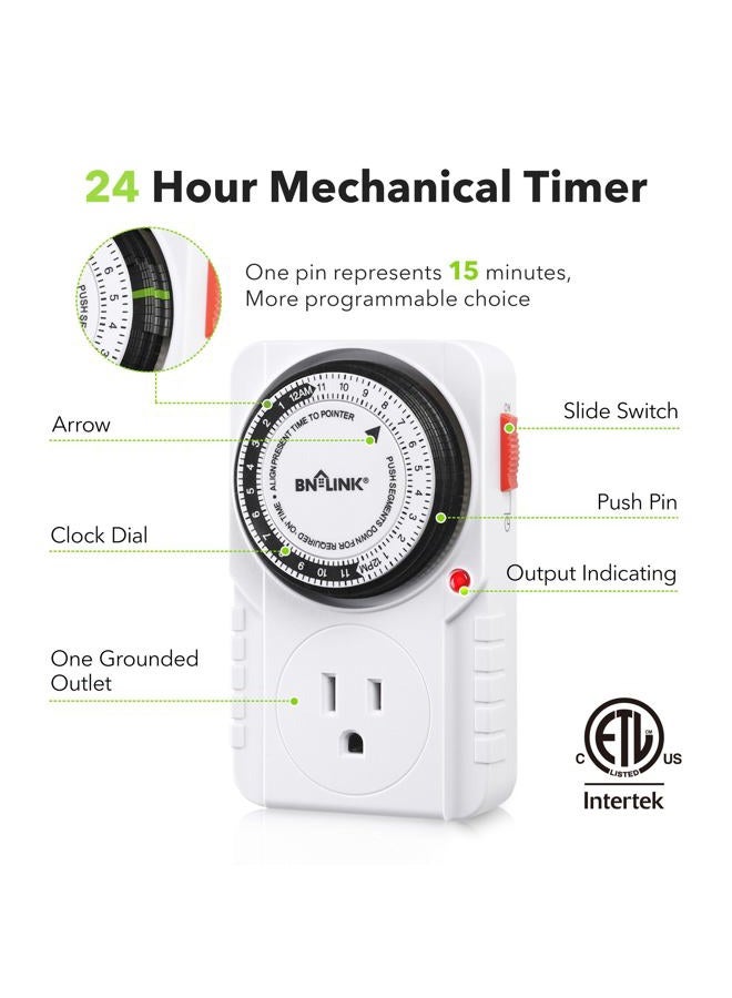 BN-LINK 24 Hour Plug-in Mechanical Timer Grounded for Aquarium, Grow Light, Hydroponics, Indoor Lighting, Home Appliances, ETL Listed 125VAC, 60 Hz, 1875W, 15A, 1/2HP (2 Pack) - Image 2