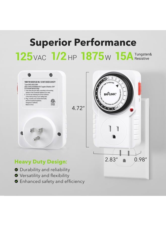 BN-LINK 24 Hour Plug-in Mechanical Timer Grounded for Aquarium, Grow Light, Hydroponics, Indoor Lighting, Home Appliances, ETL Listed 125VAC, 60 Hz, 1875W, 15A, 1/2HP (2 Pack) - Image 4
