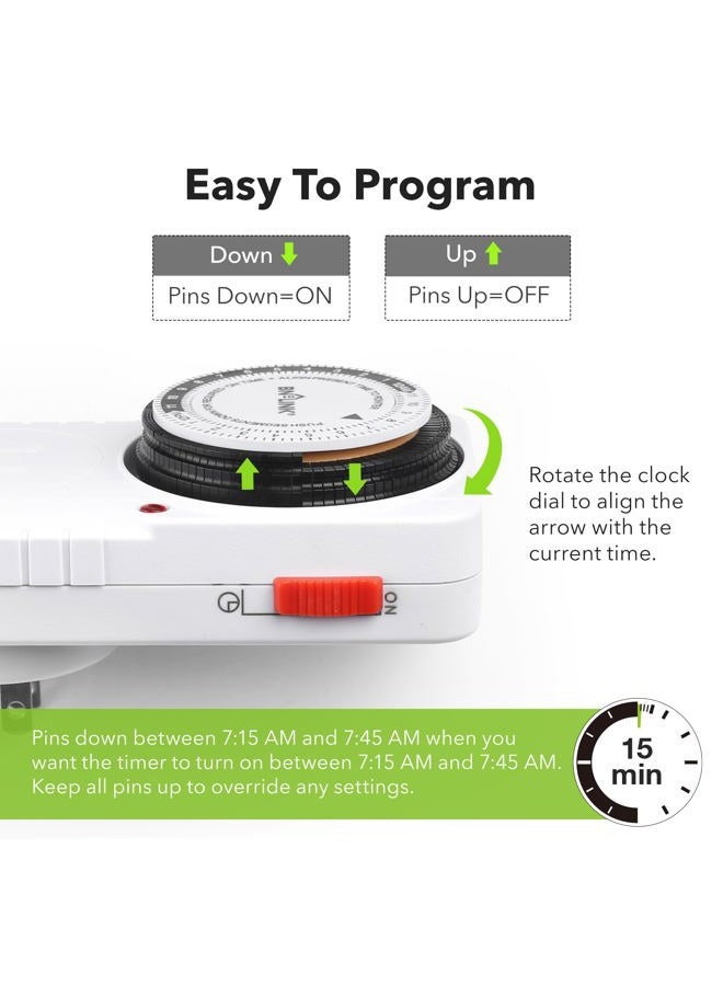 BN-LINK 24 Hour Plug-in Mechanical Timer Grounded for Aquarium, Grow Light, Hydroponics, Indoor Lighting, Home Appliances, ETL Listed 125VAC, 60 Hz, 1875W, 15A, 1/2HP (2 Pack) - Image 3