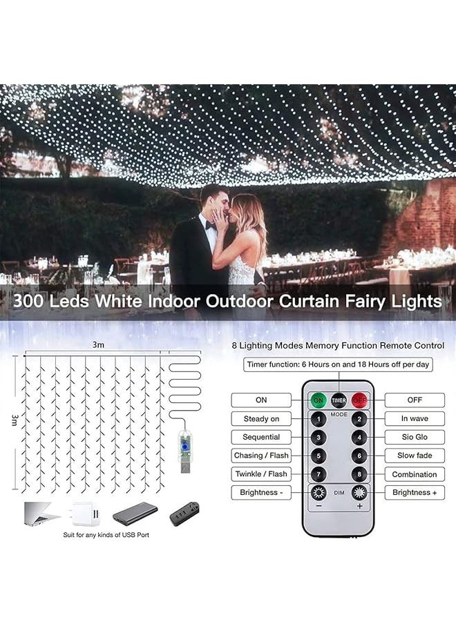 Arabest - Curtain Lights 3×3M 300 Led Curtain String Light With 8 Lighting Modes Usb Powered Waterproof Window Fairy Light Bedroom String Lights With Remote For Wedding Party Home Decorations White - Image 1