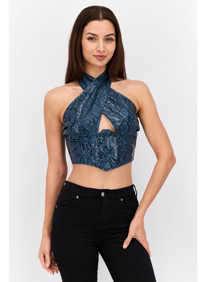 Missguided Women Halter Neck Snake Print Crop Top,  Teal Blue  - Image 1