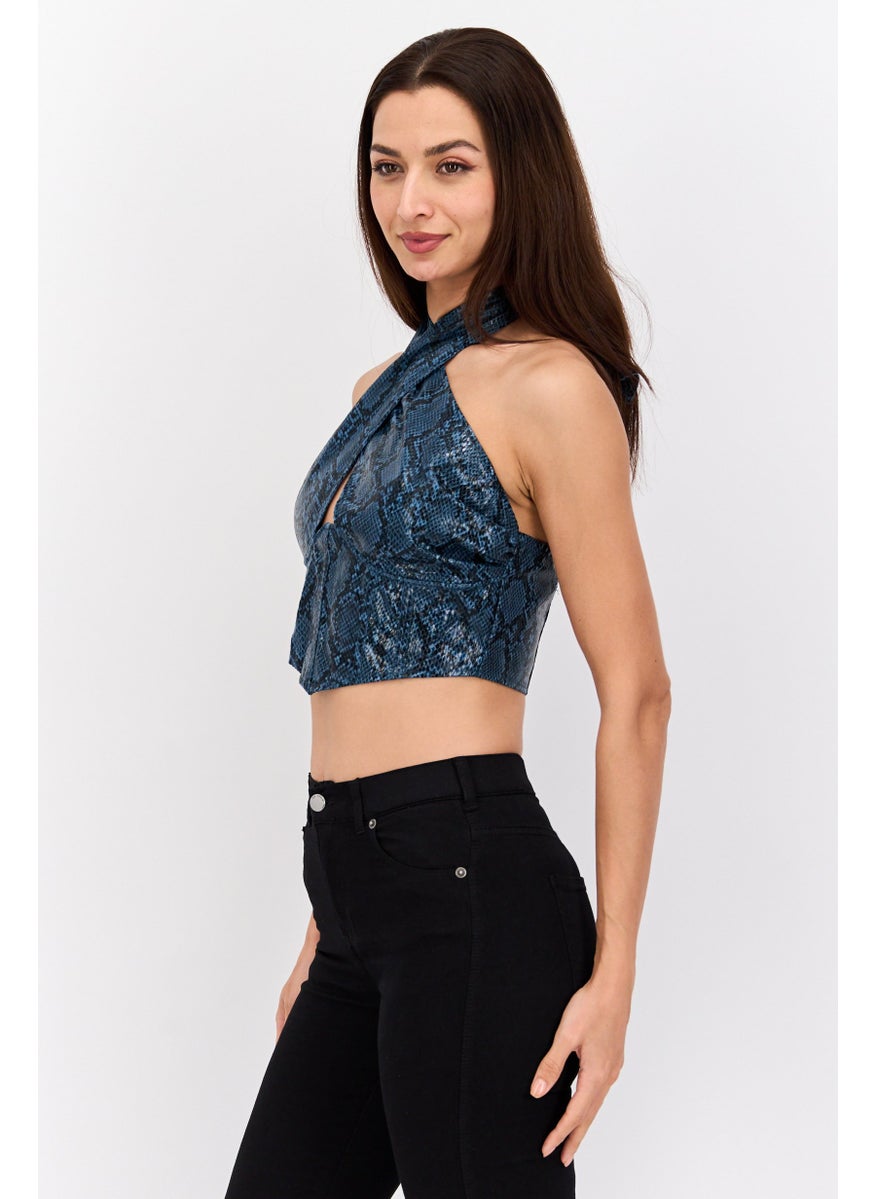 Missguided Women Halter Neck Snake Print Crop Top,  Teal Blue  - Image 2