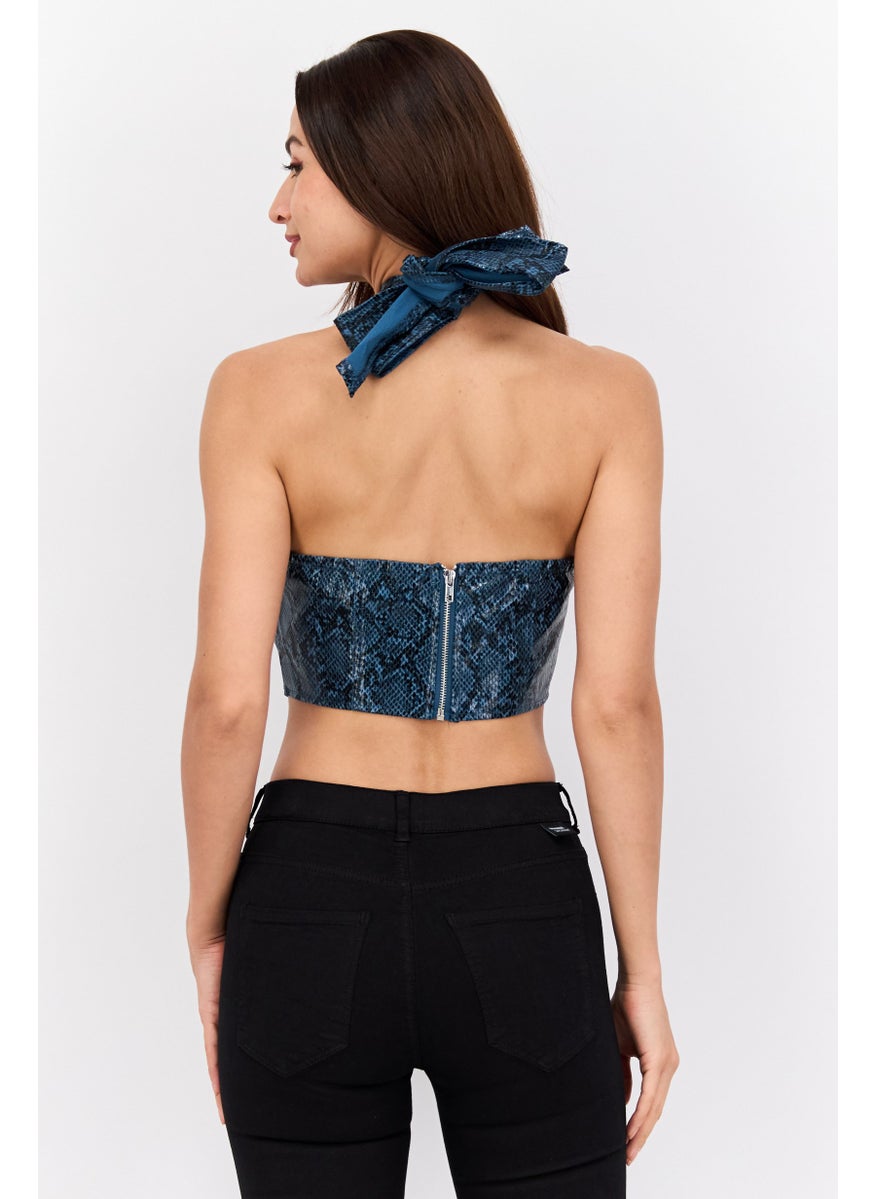 Missguided Women Halter Neck Snake Print Crop Top,  Teal Blue  - Image 3