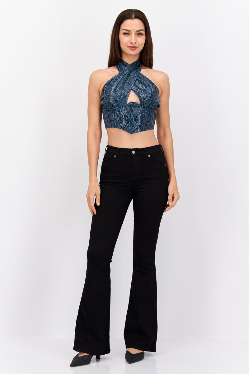Missguided بلوزة قصيرة بحمالة عنق للنساء بنقشة ثعبان، أزرق مائل إلى الأخضر - Image 4