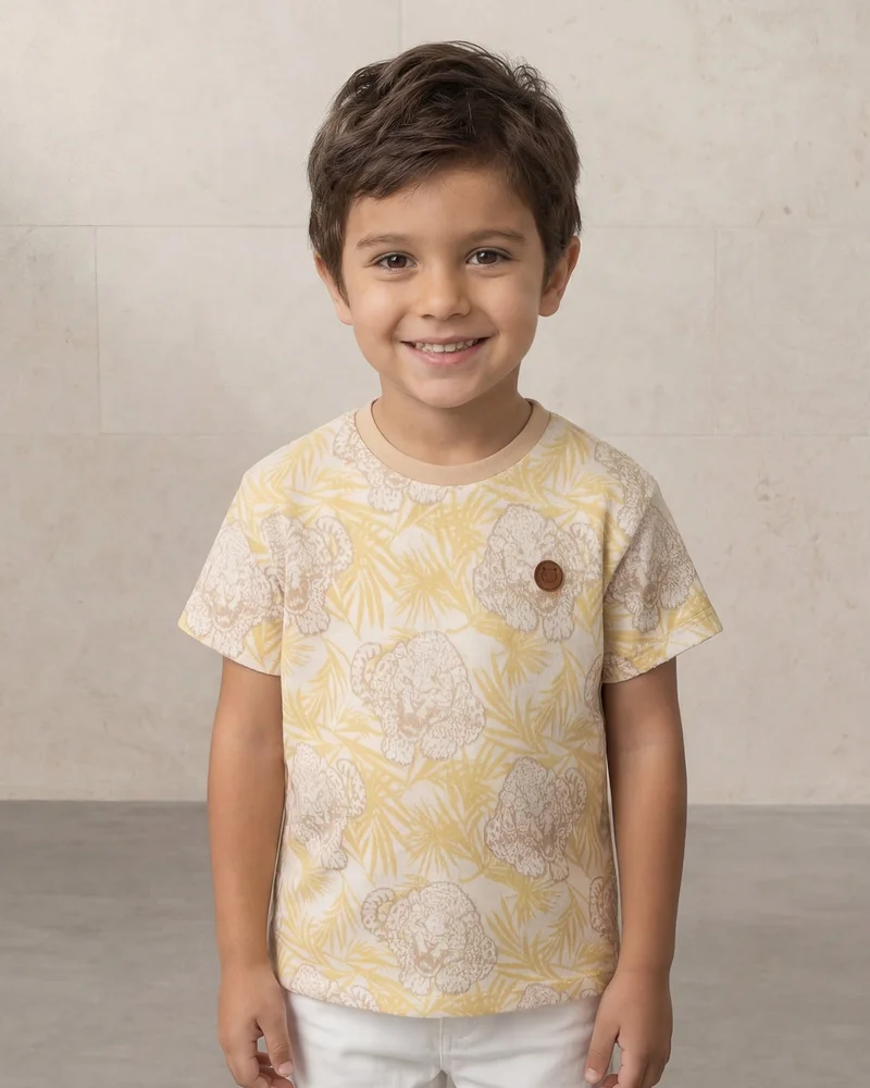 REDTAG Boys Yellow Tiger Print T-Shirt