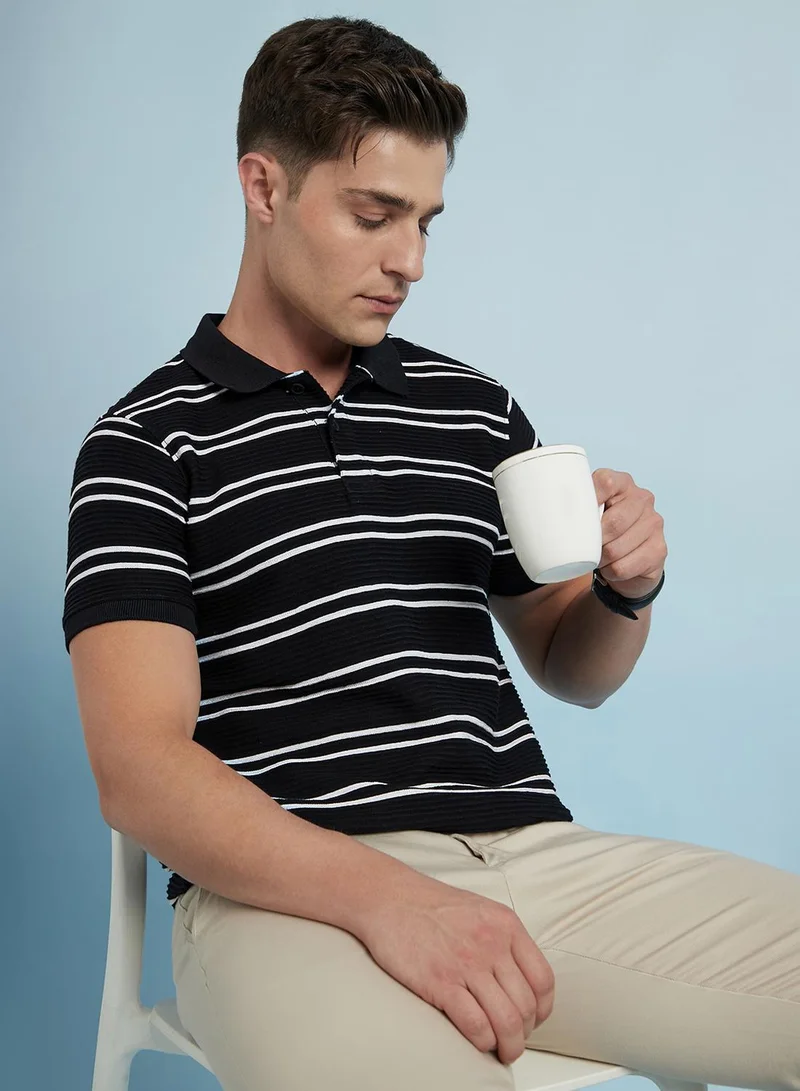 دينيس لينغو تيشيرت رجالي مخطط باللونين الأسود والأبيض قطن مخلوط بقصة عادية