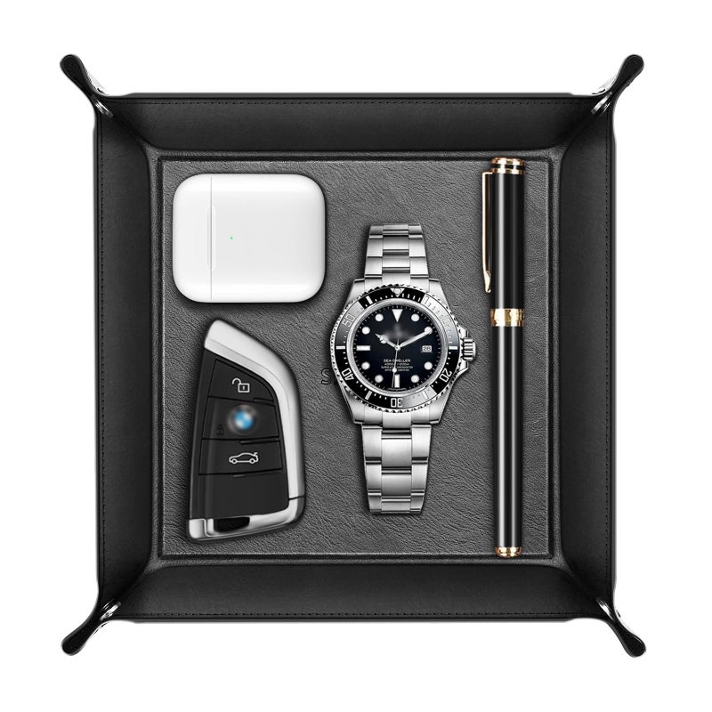 SITHON SITHON Valet Tray Desktop Storage Organizer  MultiUse PU Leather Catchall Tray Bedside Nightstand Caddy Dice Holder for Keys Phone Wallet Coin Jewelry Traveling and More Black