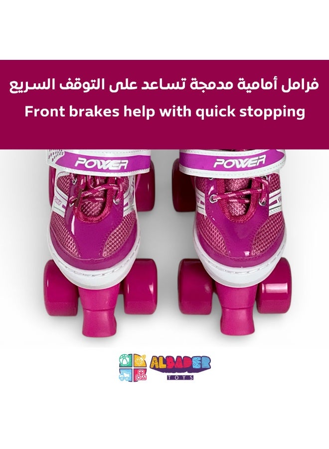 البدر حذاء تزلج رباعي البدر قابل للتعديل للأطفال والمراهقين والكبار، مزود بـ4 عجلات ثابتة وفرامل أمامية لثبات وتحكم أفضل، أربطة وأبازيم أمان محكمة، بطانة داخلية مريحة، هيكل قوي متين، تصميم رياضي مناسب للمبتدئين والمحترفين - وردي - Image 3