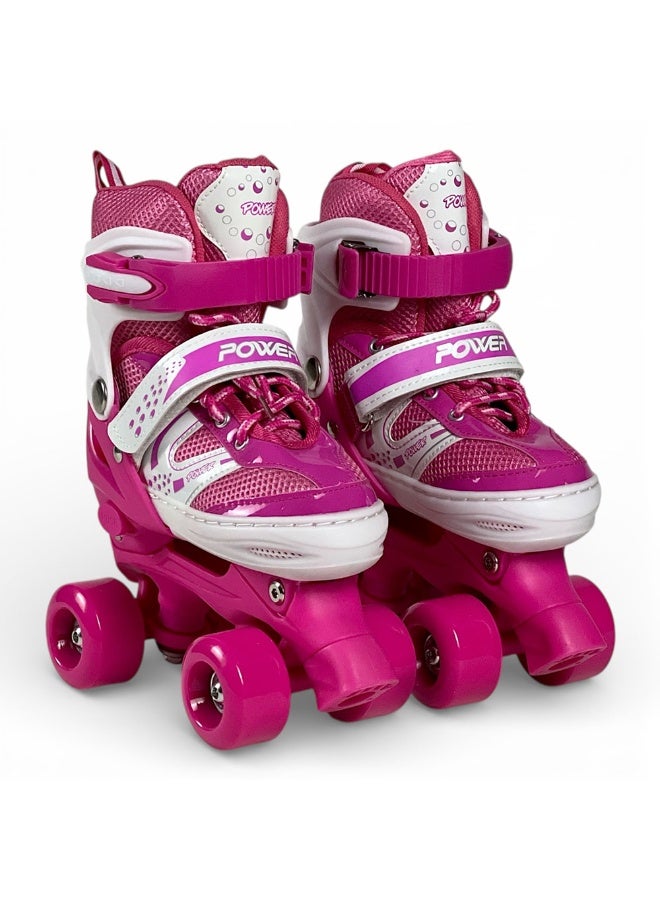 البدر حذاء تزلج رباعي البدر قابل للتعديل للأطفال والمراهقين والكبار، مزود بـ4 عجلات ثابتة وفرامل أمامية لثبات وتحكم أفضل، أربطة وأبازيم أمان محكمة، بطانة داخلية مريحة، هيكل قوي متين، تصميم رياضي مناسب للمبتدئين والمحترفين - وردي - Image 1