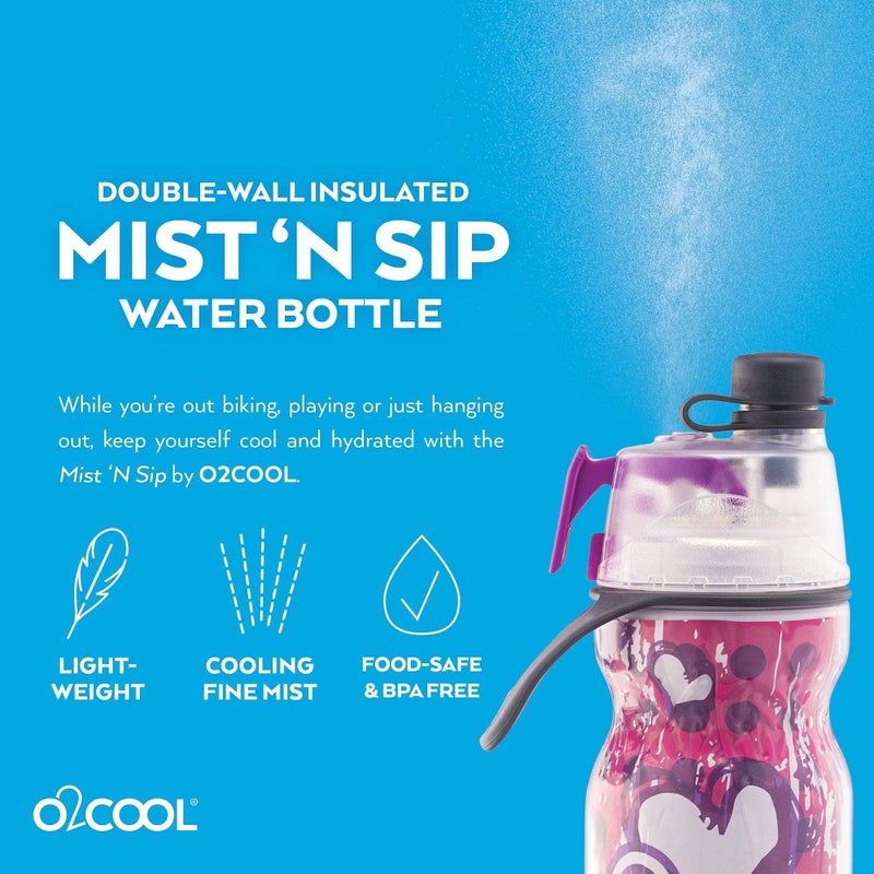 O2COOL Mist 'N Sip Misting Water Bottle 2-in-1 Mist And Sip Function With No Leak Pull Top Spout (Hearts) - Image 5