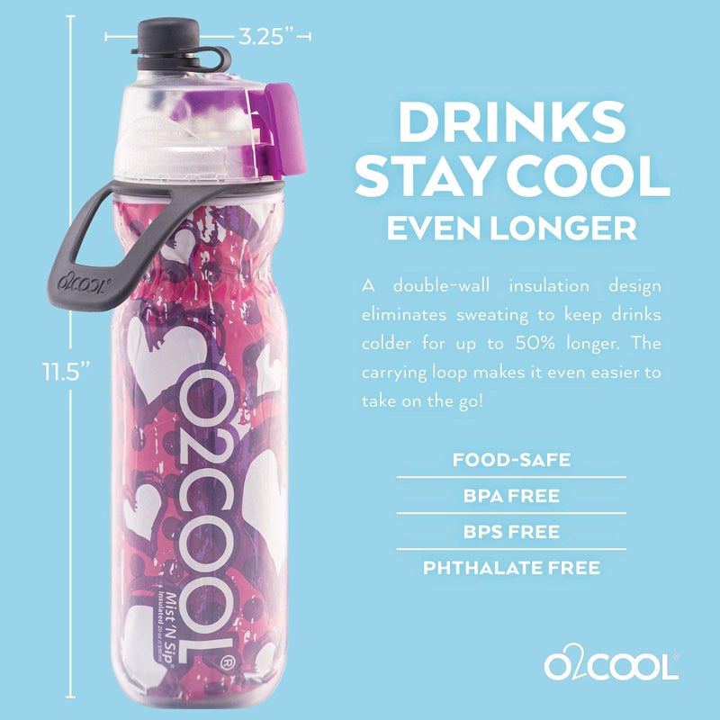 O2COOL Mist 'N Sip Misting Water Bottle 2-in-1 Mist And Sip Function With No Leak Pull Top Spout (Hearts) - Image 3