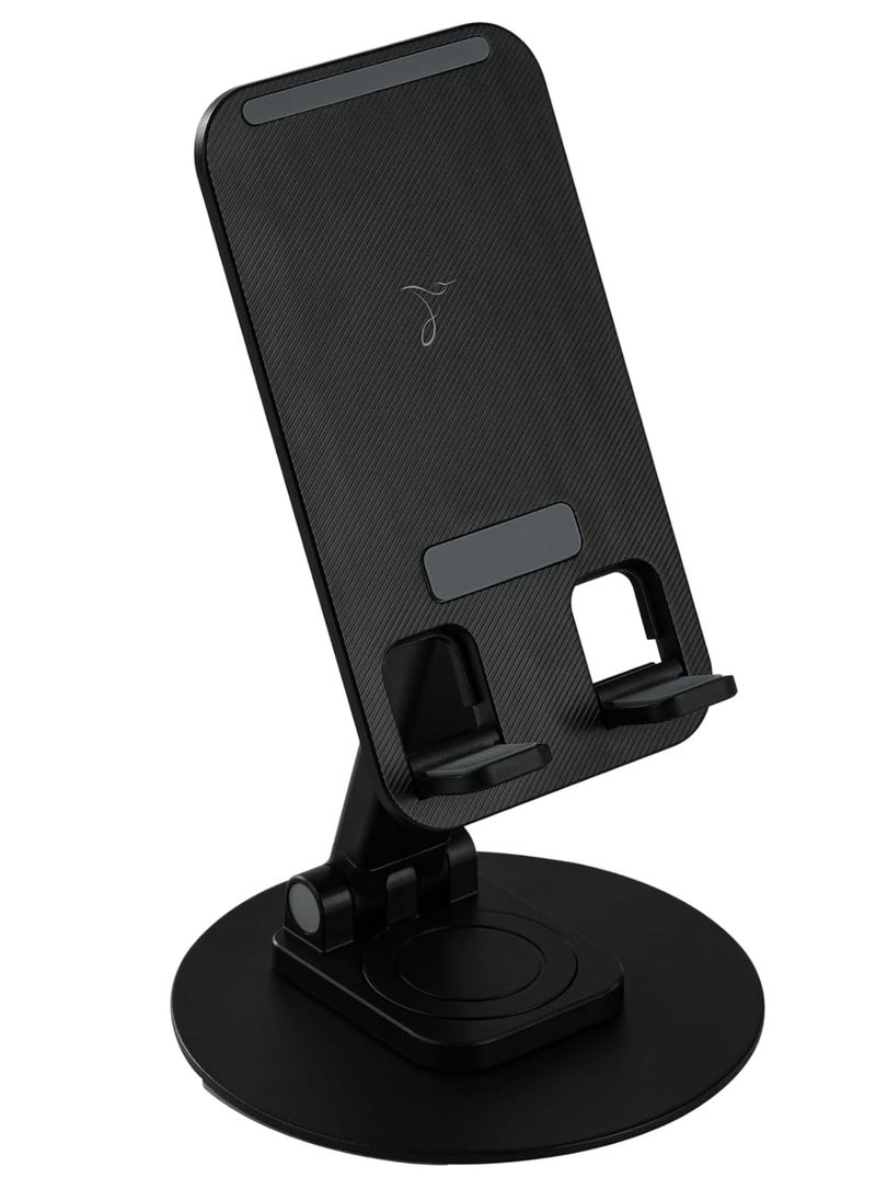 ELTRAZONE 360-Degree Fully Adjustable Foldable Cell Phone & Tablet Stand (Black) – Universal Stand for iPhone, Samsung Galaxy, Google Pixel, iPad & More – Portable, Ergonomic Design for Comfortable Viewing, Hands-Free Use, and Convenient Storage  - Image 1