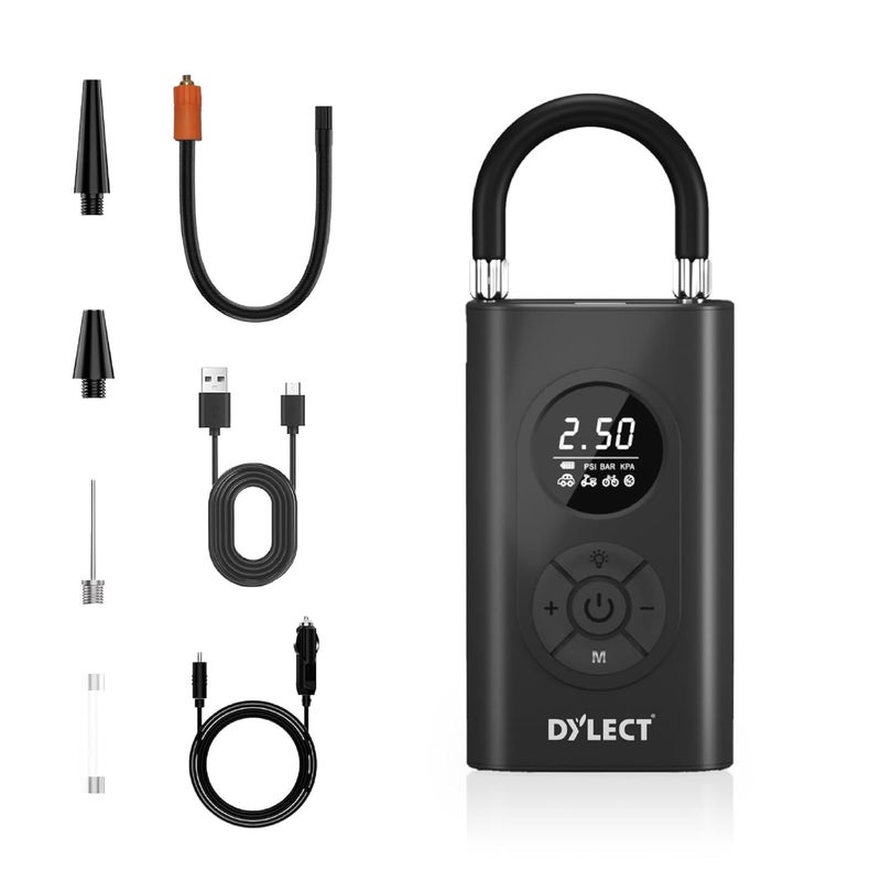 DYLECT Smart Tyre Inflator | 150 PSI | Battery & 12V Car Port | 4000 mAh | Type C Port | Digital Display | 5 Air Fill Modes | Multi Nozzles | LED Light | Powerbank | Super Fast Inflation | Auto CutOff - Image 1