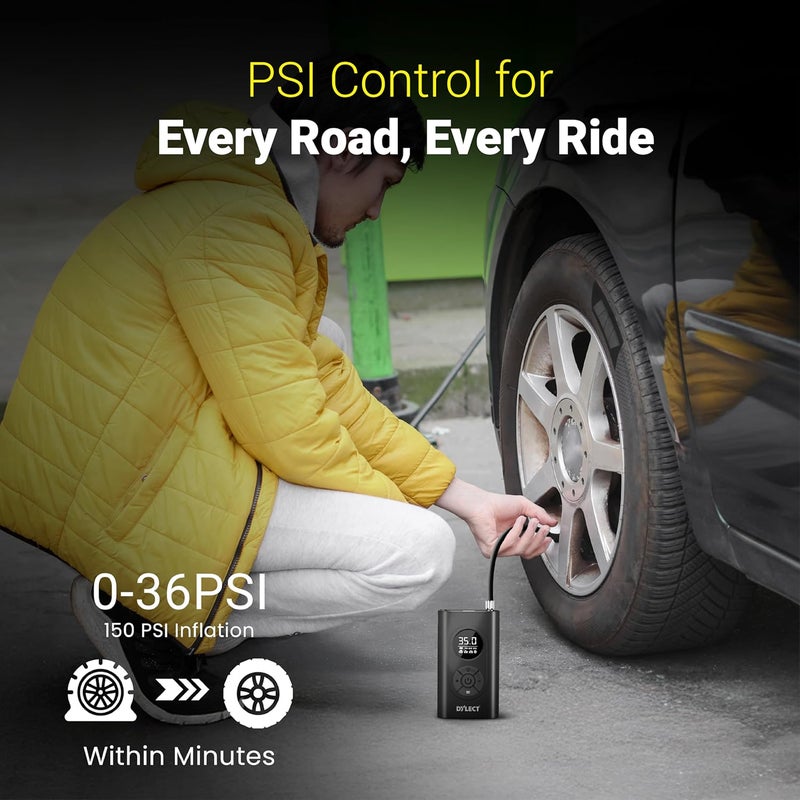 DYLECT Smart Tyre Inflator | 150 PSI | Battery & 12V Car Port | 4000 mAh | Type C Port | Digital Display | 5 Air Fill Modes | Multi Nozzles | LED Light | Powerbank | Super Fast Inflation | Auto CutOff - Image 2