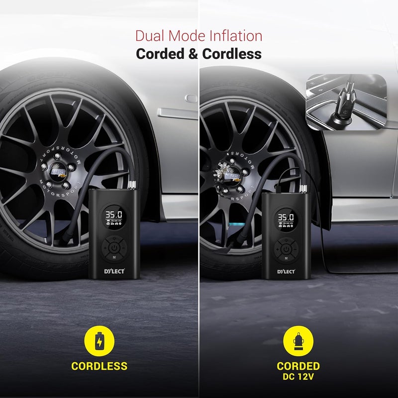 DYLECT Smart Tyre Inflator | 150 PSI | Battery & 12V Car Port | 4000 mAh | Type C Port | Digital Display | 5 Air Fill Modes | Multi Nozzles | LED Light | Powerbank | Super Fast Inflation | Auto CutOff - Image 5