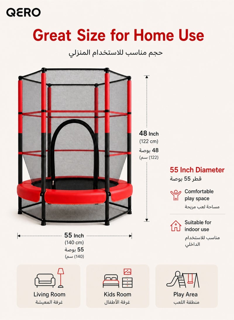 QERO 55 Inch Kids Trampoline With Safety Net Indoor Mini Trampoline With Padded Poles Zip Door And Steel Frame For Home Play - Image 3