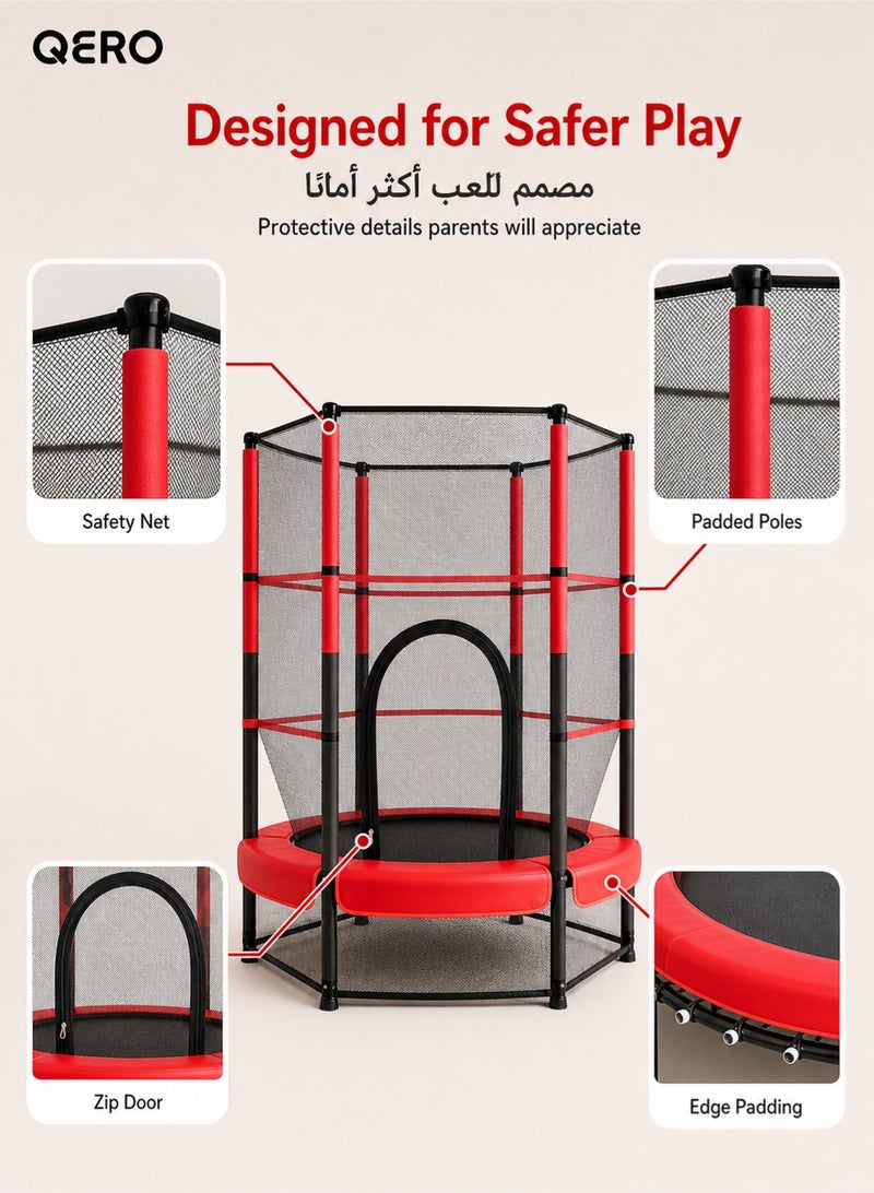 QERO 55 Inch Kids Trampoline With Safety Net Indoor Mini Trampoline With Padded Poles Zip Door And Steel Frame For Home Play - Image 4