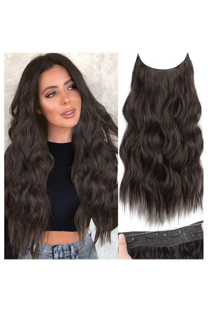 وصلات شعر غير مرئية بخيط شفاف، مقاس قابل للتعديل، 4 مشابك أمان، شعر مستعار سري طويل مموج، بني غامق، مناسب للنساء (50 سم) - Image 1