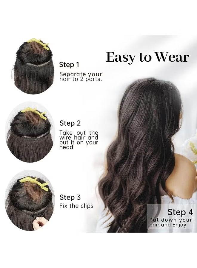 وصلات شعر غير مرئية بخيط شفاف، مقاس قابل للتعديل، 4 مشابك أمان، شعر مستعار سري طويل مموج، بني غامق، مناسب للنساء (50 سم) - Image 5