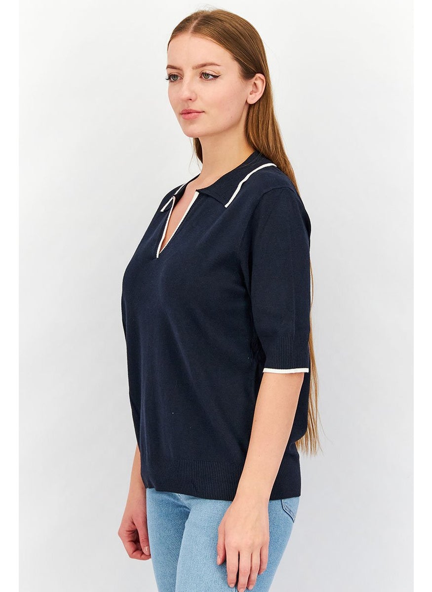 Tchibo Women Split Neck Short Sleeve Solid Polo Shirt, Navy  - Image 3