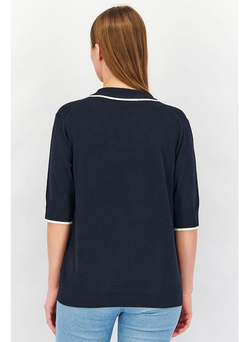 Tchibo Women Split Neck Short Sleeve Solid Polo Shirt, Navy  - Image 2