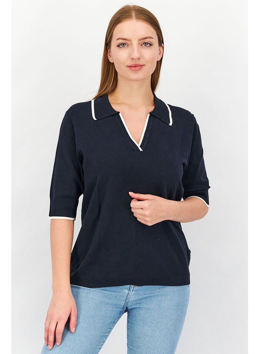 Tchibo Women Split Neck Short Sleeve Solid Polo Shirt, Navy  - Image 1