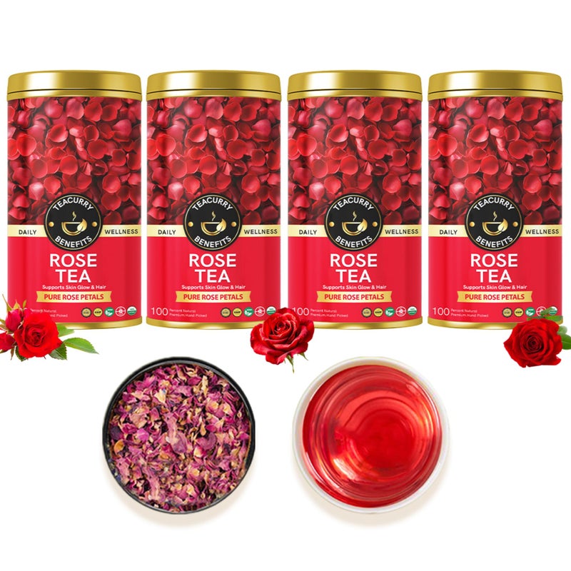 Teacurry Rose Flower Tea (80 Grams, Golden Tin Jar) - Pure, Sun-Dried Rose Petals for Skin Glow and Immunity | 100% Pure and Natural Sun-Dried Rose Petals - Image 1