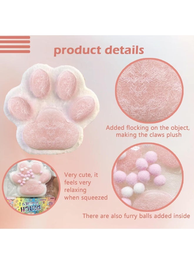 Large Flocking Furry Cat Paw Squishy Stress Relief Toy, White Pink Two Tone Slow Rebound Squeeze Fidget Toy with Inside Pom Pom Balls, Cute Animal Paw Decompression Anxiety Hand Toy for Adults Kids Birthday Gift - Image 3