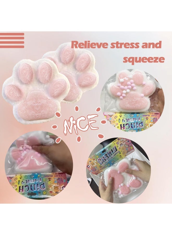 Large Flocking Furry Cat Paw Squishy Stress Relief Toy, White Pink Two Tone Slow Rebound Squeeze Fidget Toy with Inside Pom Pom Balls, Cute Animal Paw Decompression Anxiety Hand Toy for Adults Kids Birthday Gift - Image 4