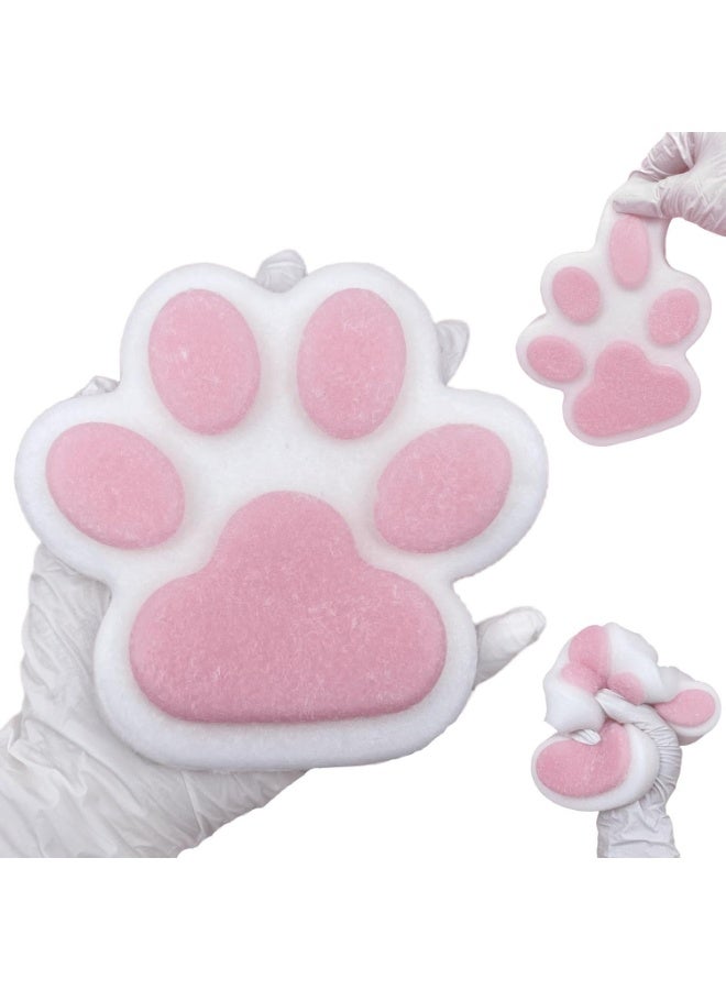 Large Flocking Furry Cat Paw Squishy Stress Relief Toy, White Pink Two Tone Slow Rebound Squeeze Fidget Toy with Inside Pom Pom Balls, Cute Animal Paw Decompression Anxiety Hand Toy for Adults Kids Birthday Gift - Image 1