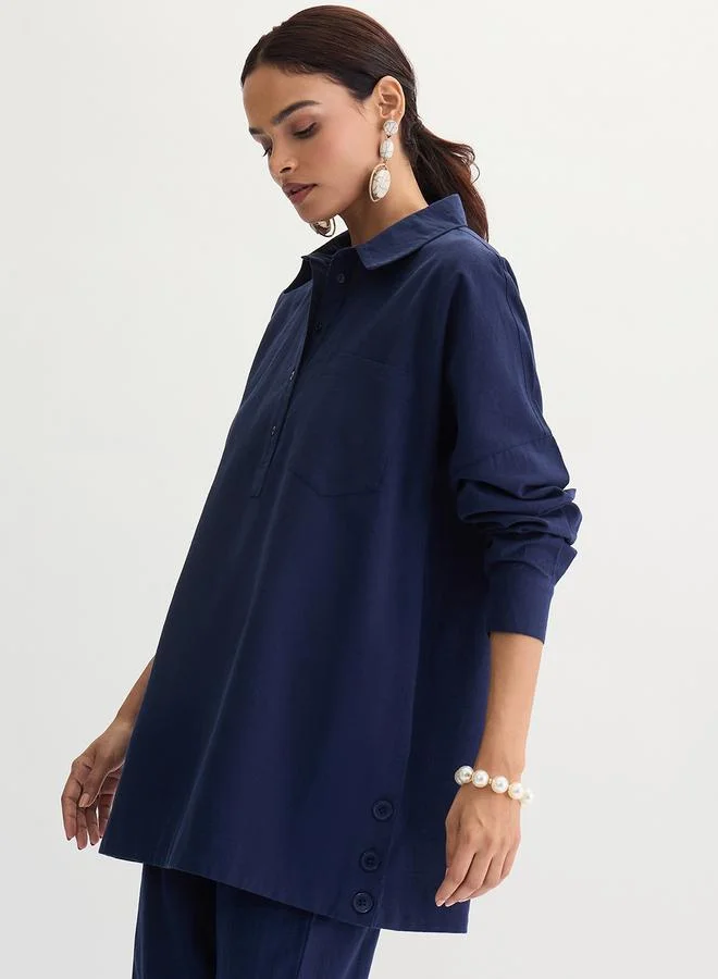 Femmella Navy Blue Cotton Linen Button Detail Tunic